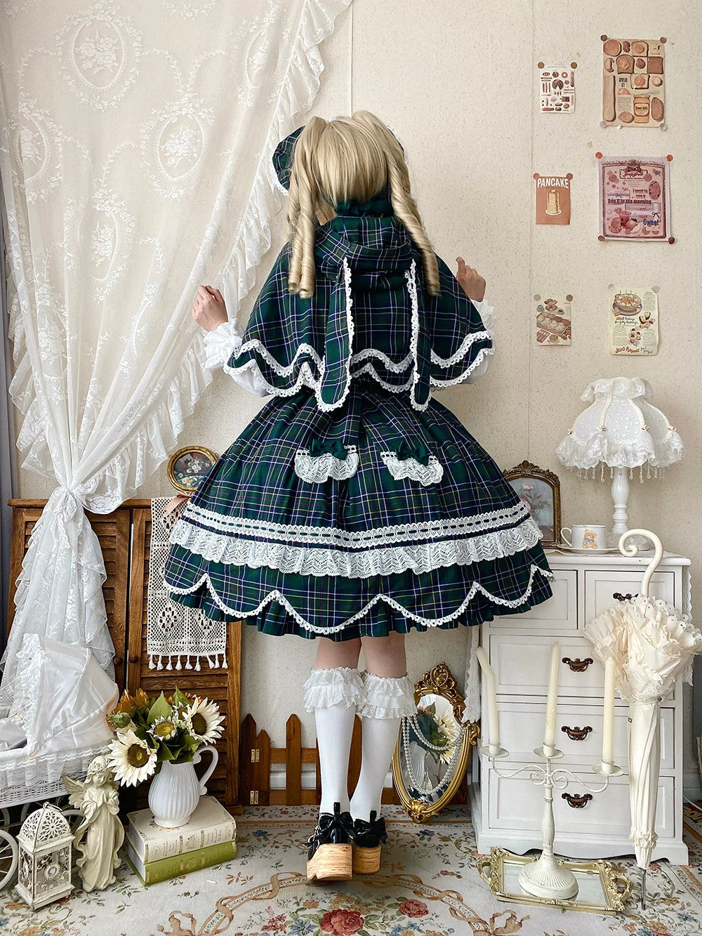 Plaid Petal Bunny - Old School Lolita Plaid JSK Dress, Side Pockets - Image 27