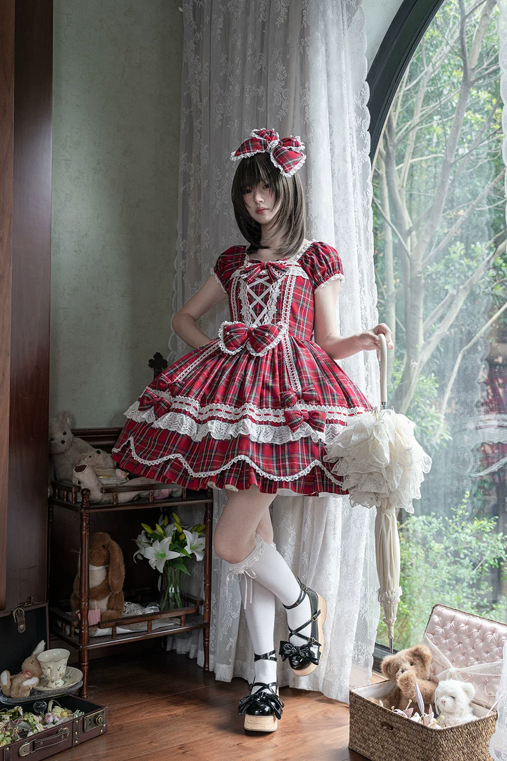 Plaid Petal Bunny - Old School Lolita Plaid OP Dress, Petal-shaped Hem - Image 33