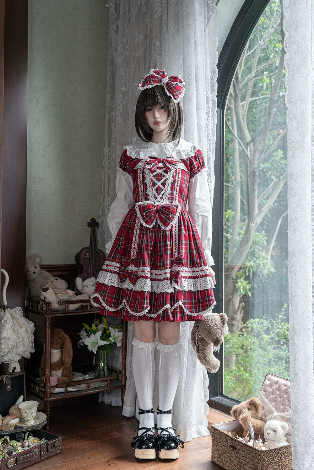 Plaid Petal Bunny - Old School Lolita Plaid OP Dress, Petal-shaped Hem - Image 35