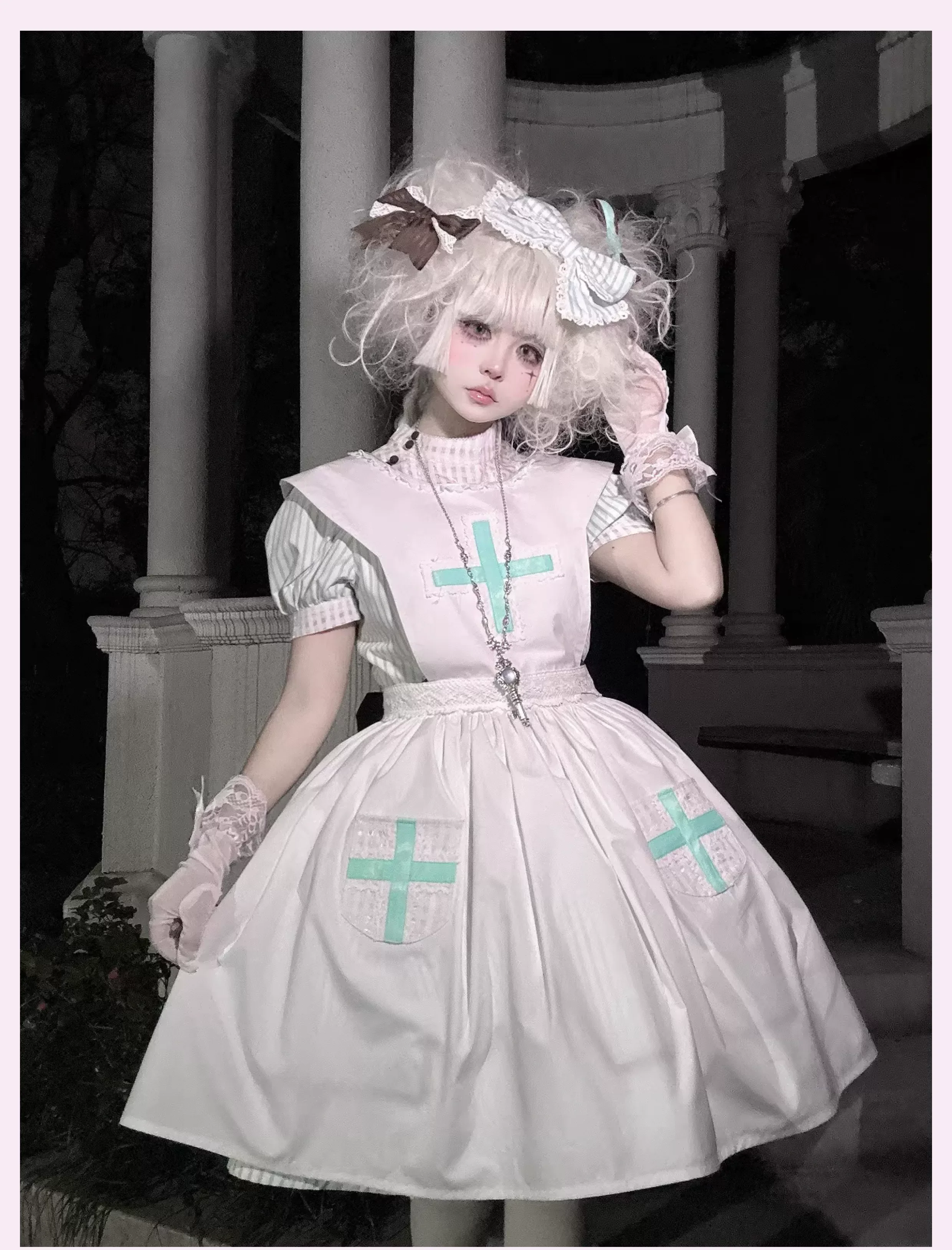 Mint Prescription - Old School Lolita Striped OP Dress, Electrocardiogram Trace - Image 21