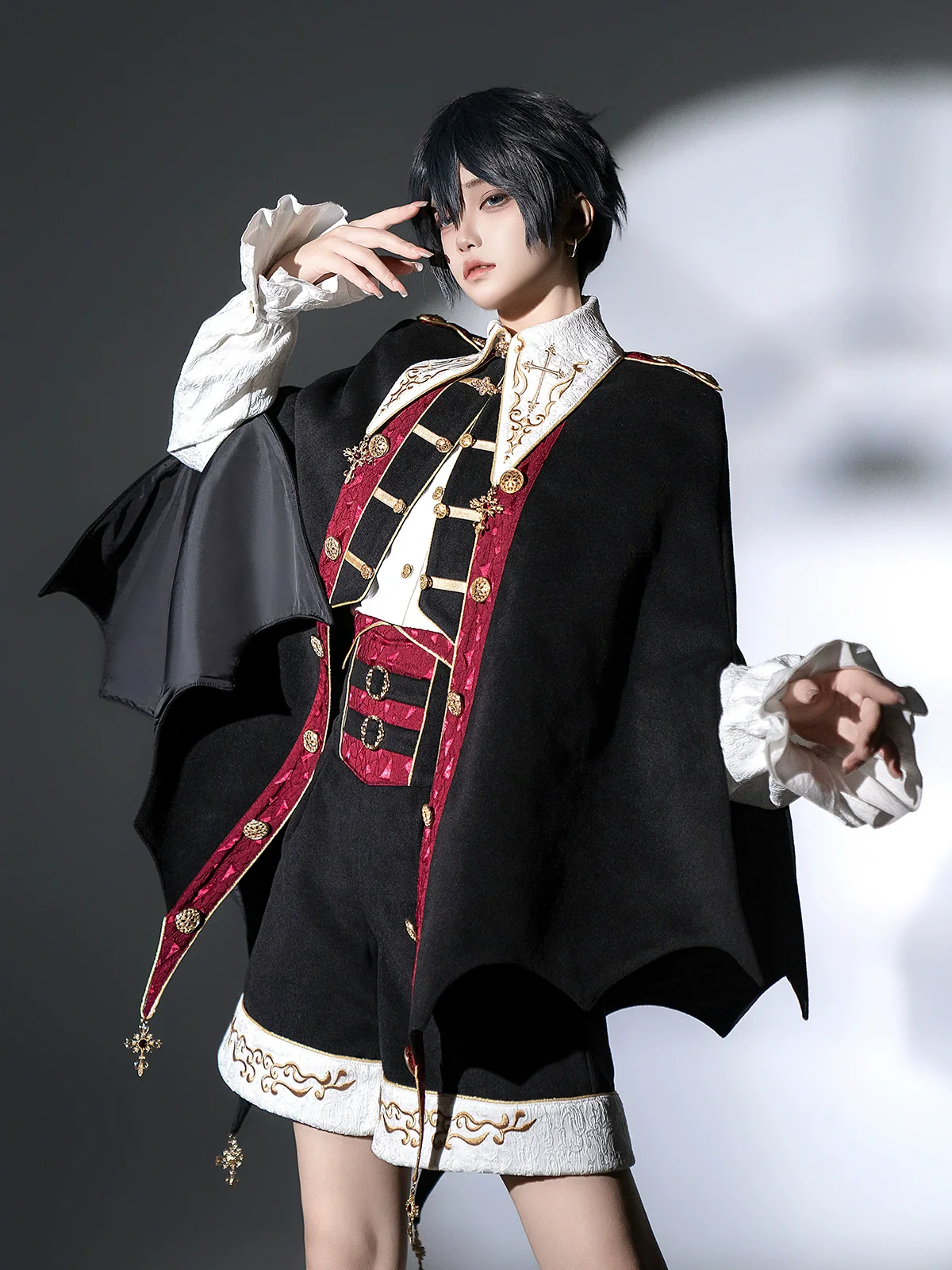 Vampire Youth - Ouji Lolita Bat Shaped Cape Set, Gold Embroidery & Red Accents - Image 11