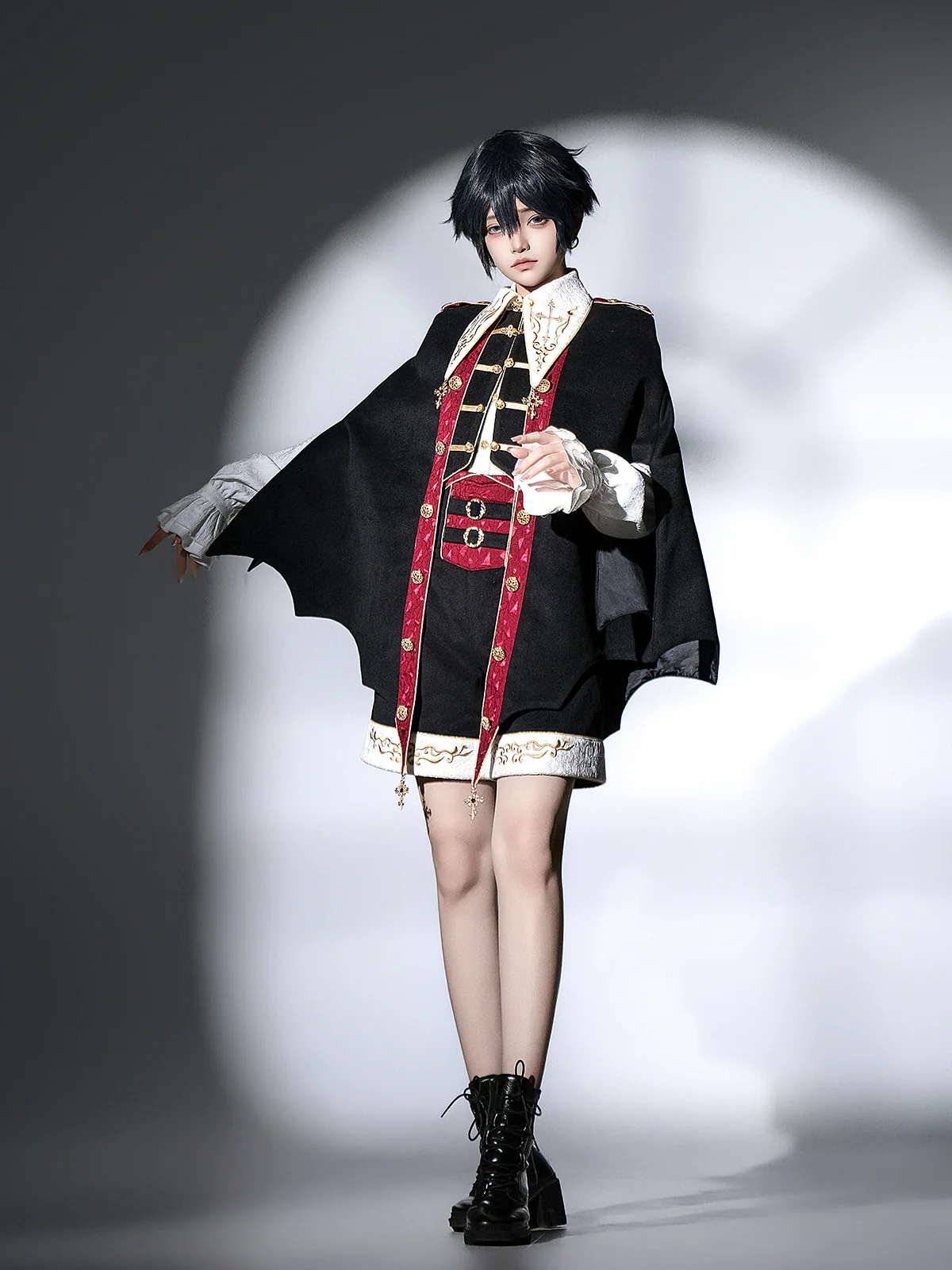 Vampire Youth - Ouji Lolita Bat Shaped Cape Set, Gold Embroidery & Red Accents - Image 5
