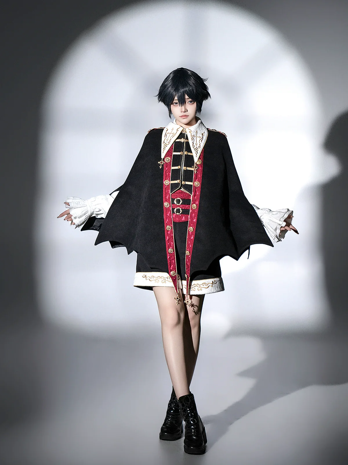 Vampire Youth - Ouji Lolita Bat Shaped Cape Set, Gold Embroidery & Red Accents - Image 8