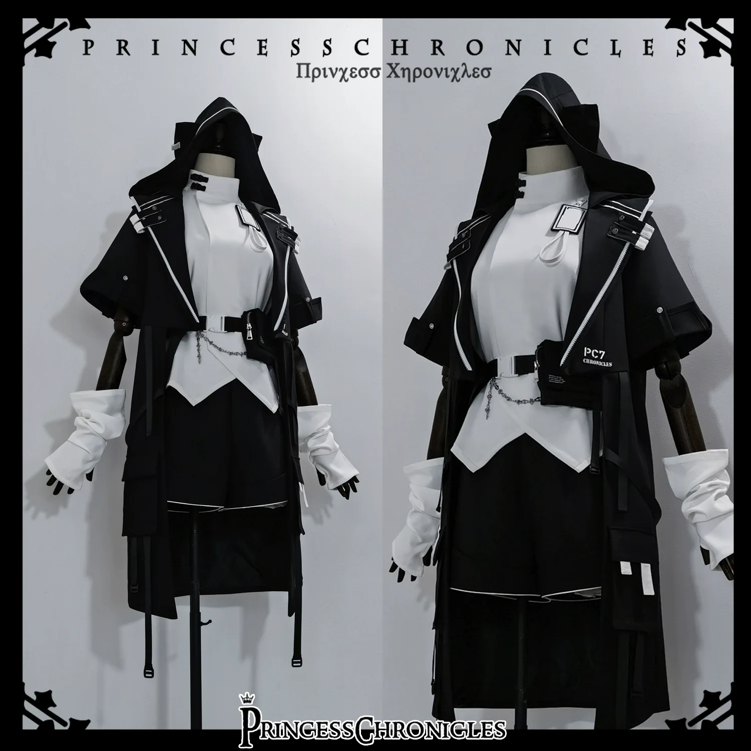 White Cat Dark - Techwear Cyberpunk Cat Ear Hooded Jacket, Pocket Shorts - Image 2
