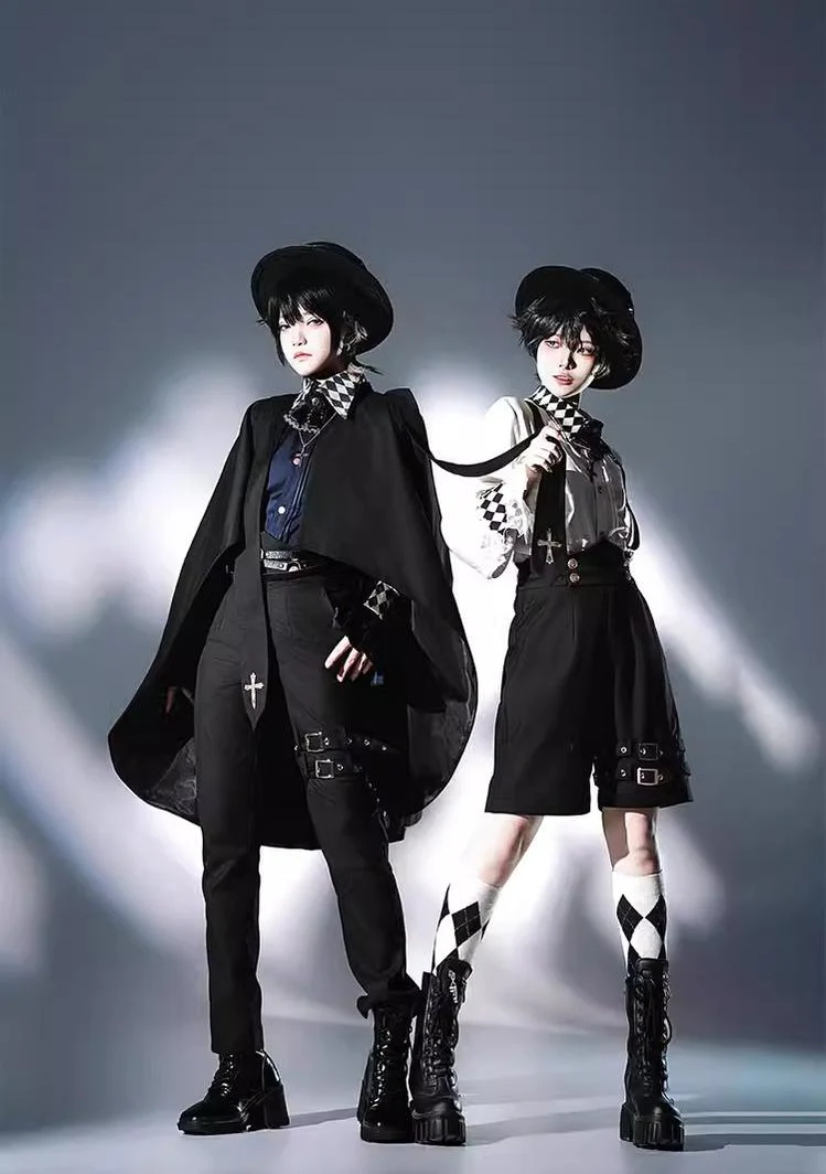 Fantasy Wonderland - Ouji Lolita Checkered Blouse, Suspenders Pants and Cape