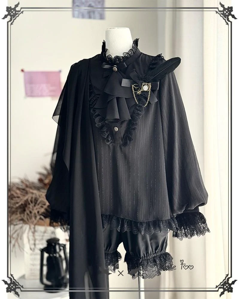 Black Moonlight - Ouji Lolita Chiffon Shirt Outfit - Image 3
