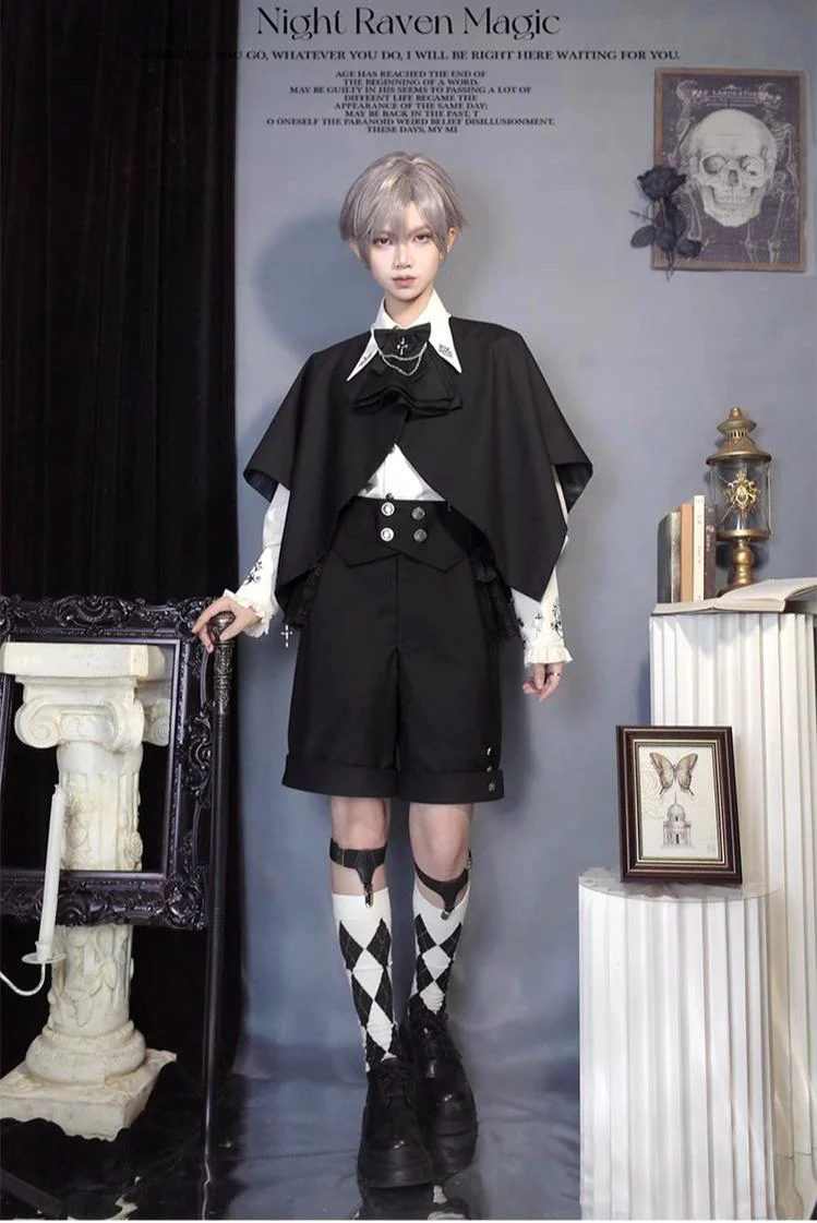 Night Raven Magic - Ouji Lolita Dress Set, Suspender Shorts & Cape - Image 15