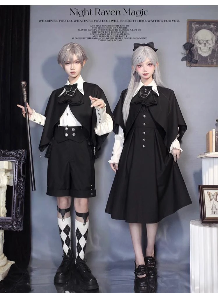 Night Raven Magic - Ouji Lolita Dress Set, Suspender Shorts & Cape - Image 3