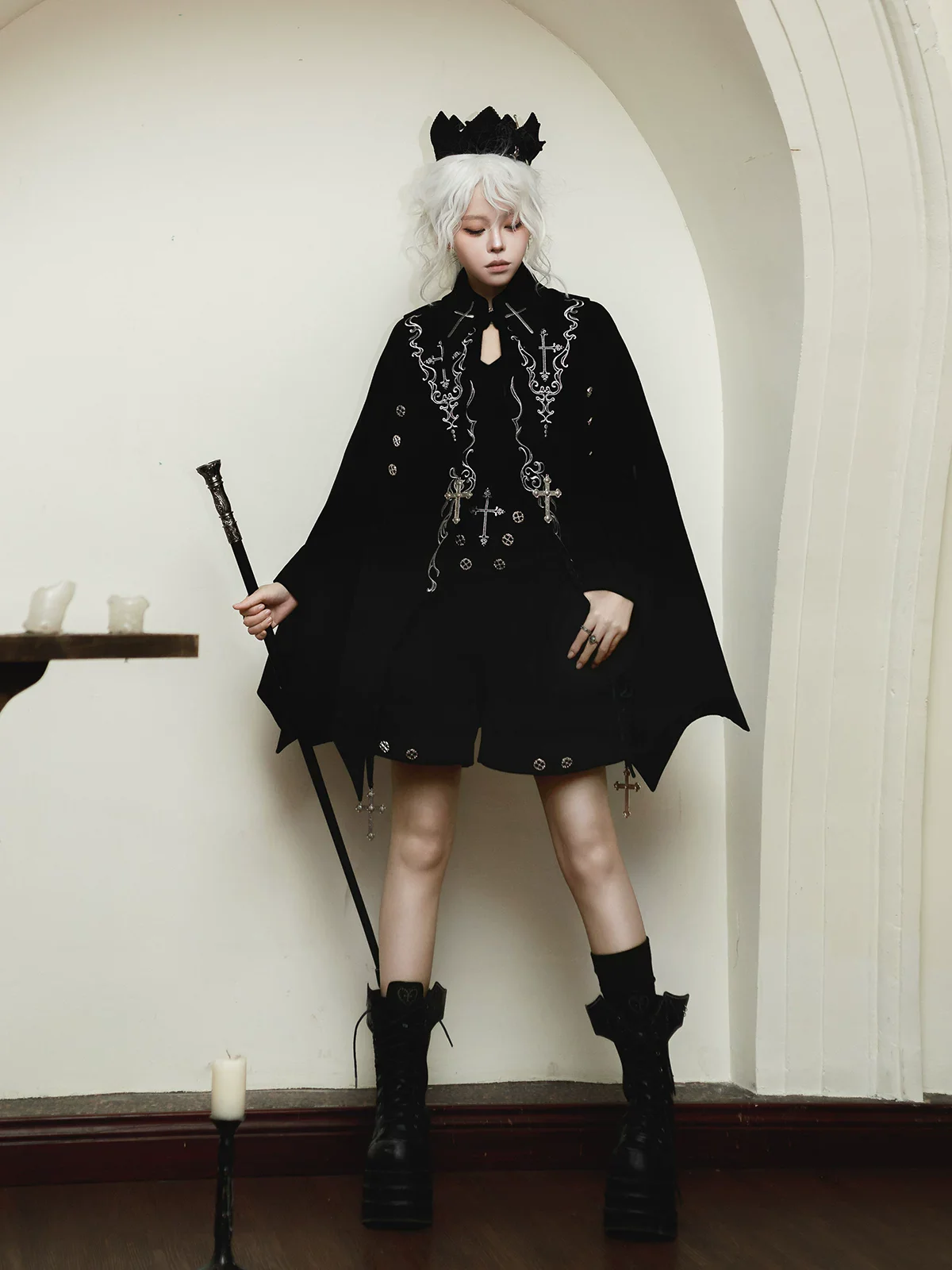 Nightfall - Ouji Lolita Outfit, Bat Wing Shaped Cape
