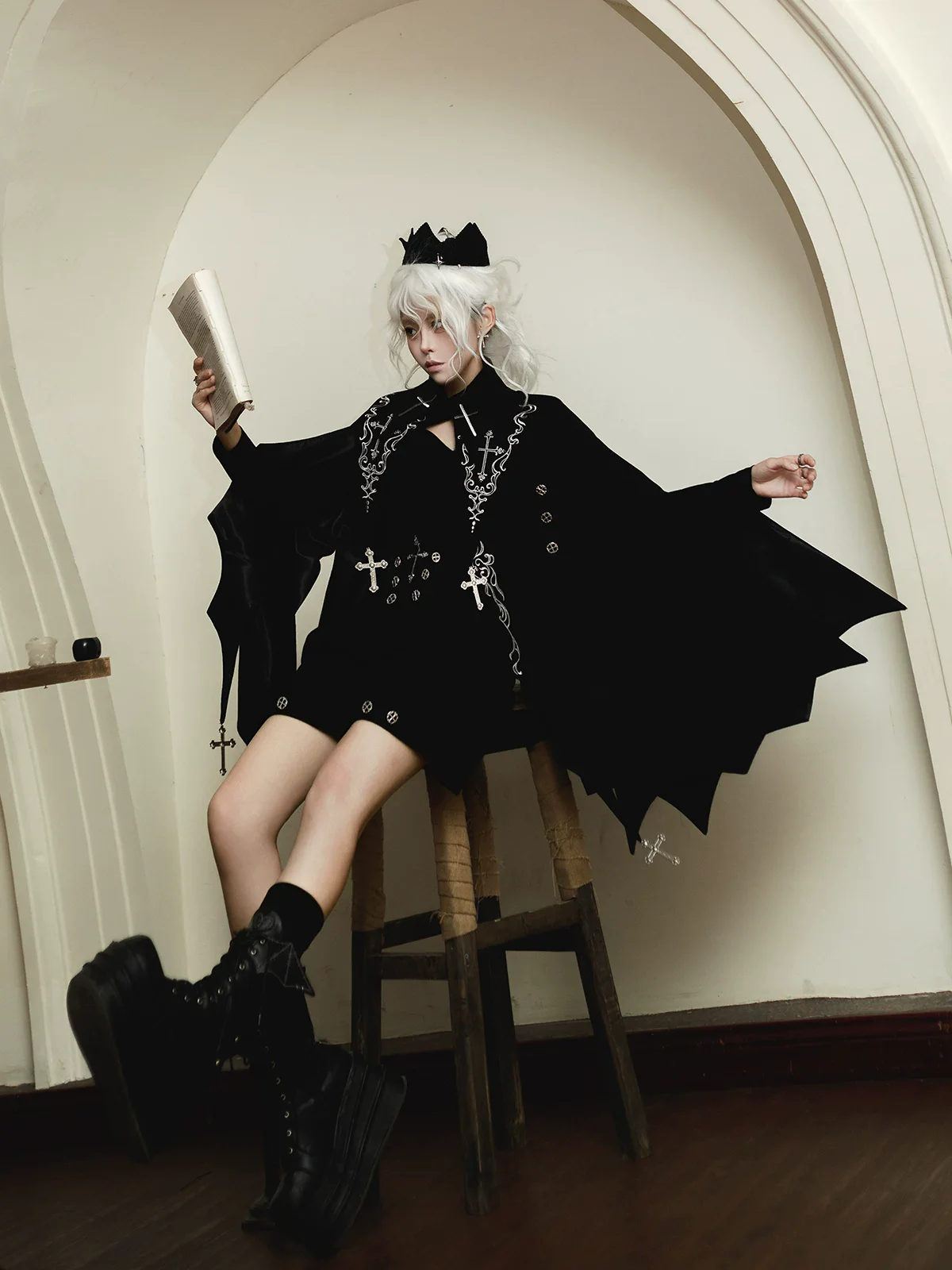Nightfall - Ouji Lolita Outfit, Bat Wing Shaped Cape - Image 12