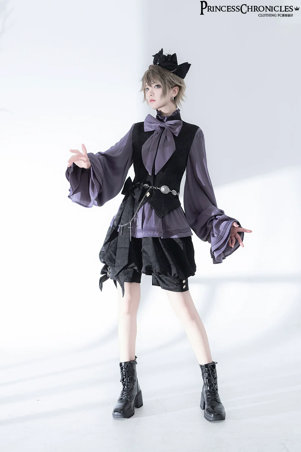 Hunting Rabbit 2.0 - Ouji Lolita Retro Cool Purple Shirt & Shorts Set - Image 4