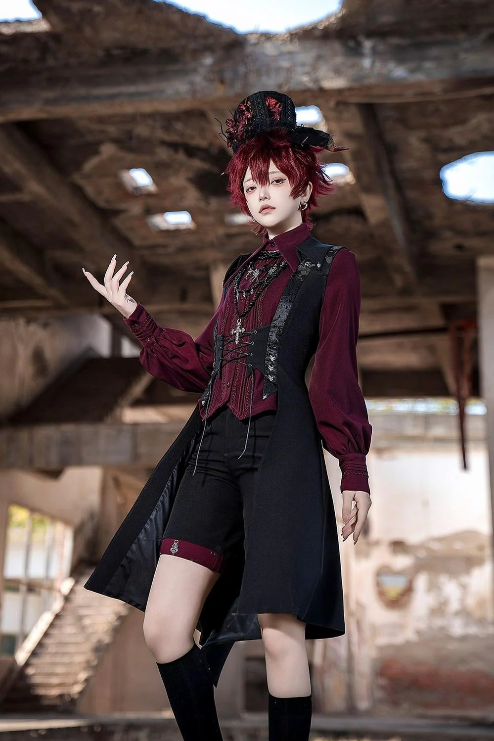 Red and Black 4.0 - Ouji Lolita Long Vest & Red Blouse - Image 5