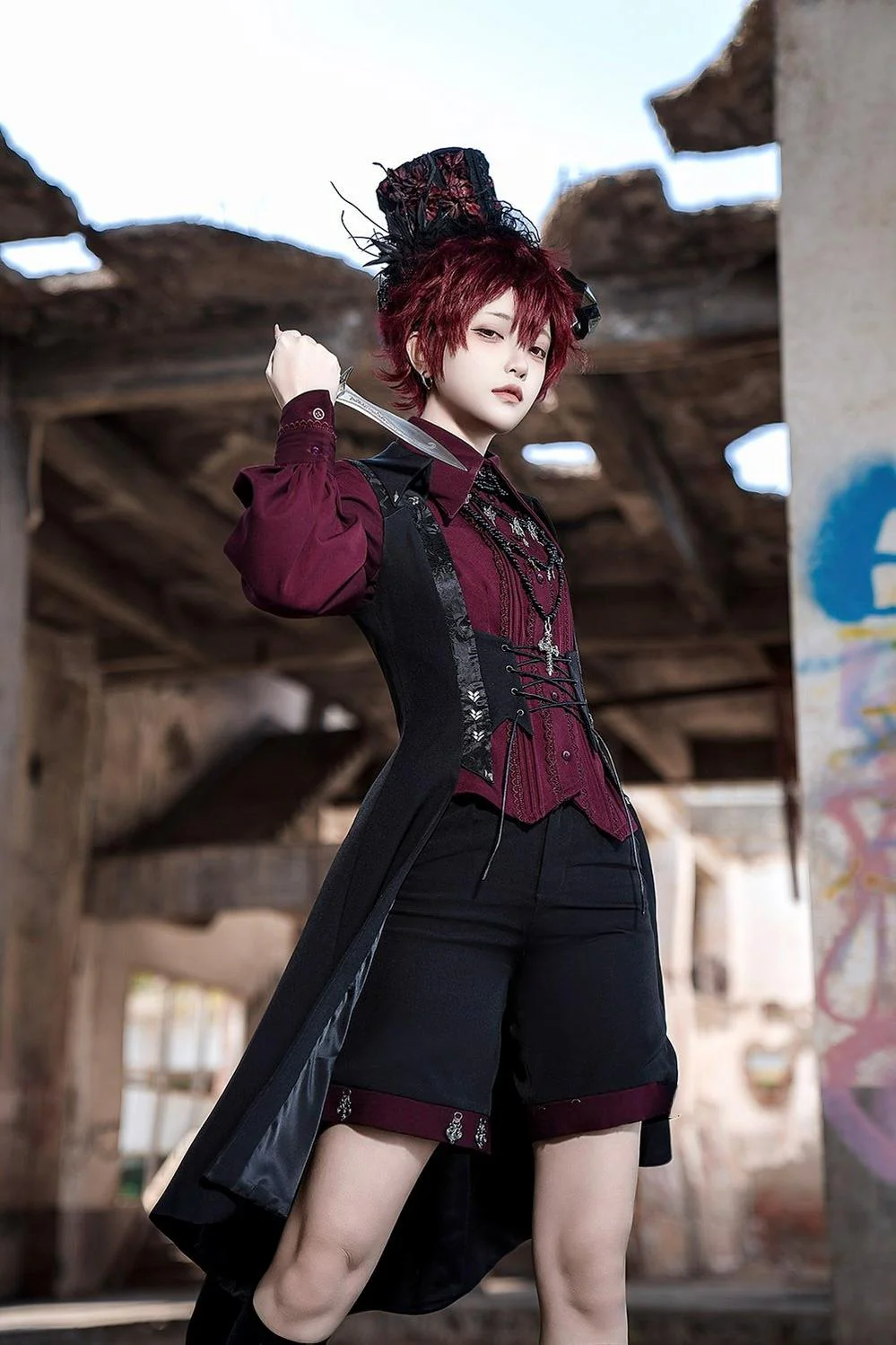 Red and Black 4.0 - Ouji Lolita Long Vest & Red Blouse - Image 6