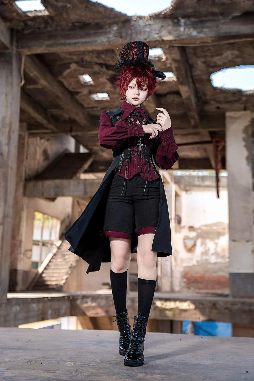 Red and Black 4.0 - Ouji Lolita Long Vest & Red Blouse - Image 8