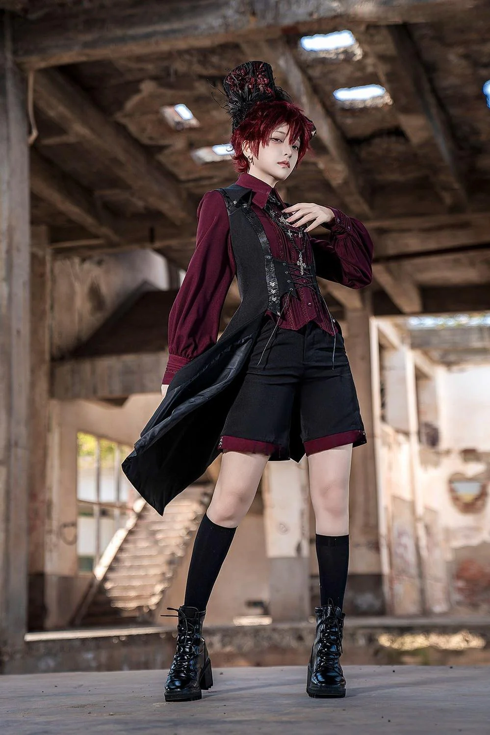 Red and Black 4.0 - Ouji Lolita Long Vest & Red Blouse - Image 9