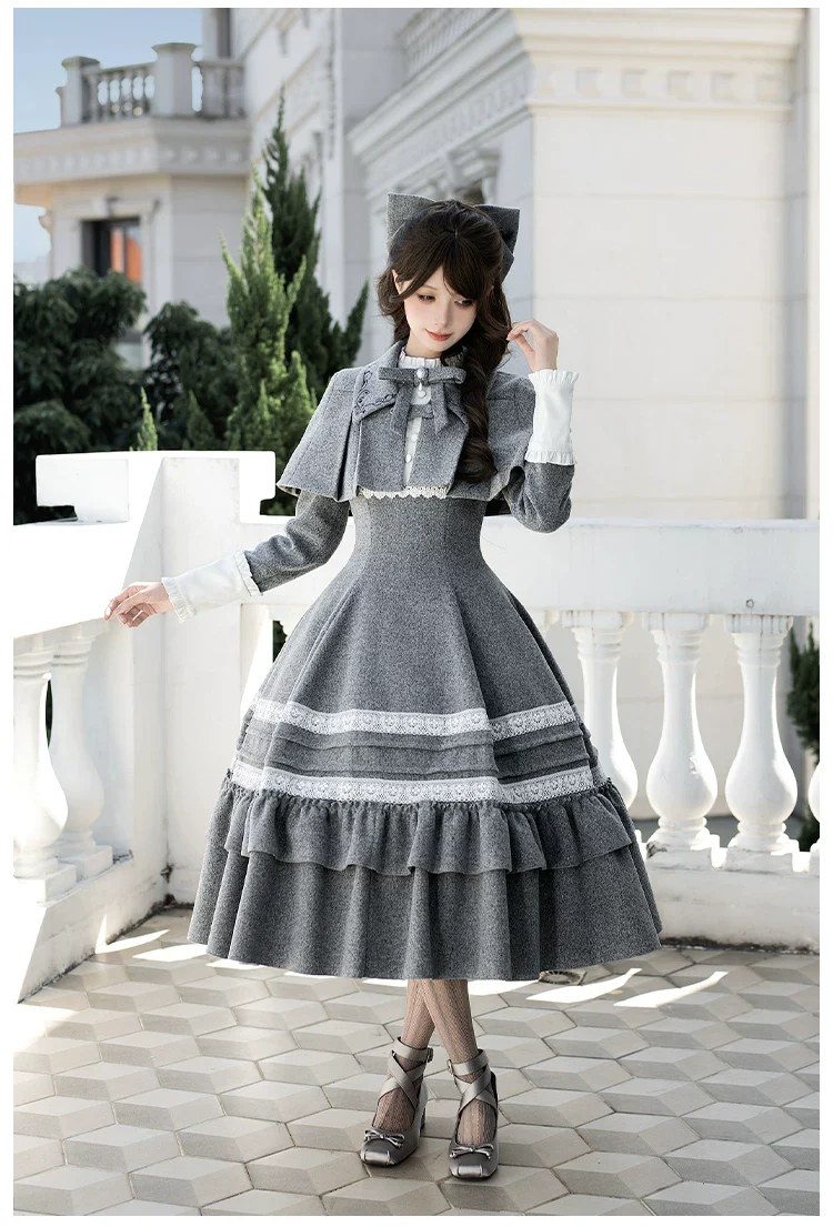 Reminisce - Pile Classic Lolita Dress, Detachable Cape - Image 12
