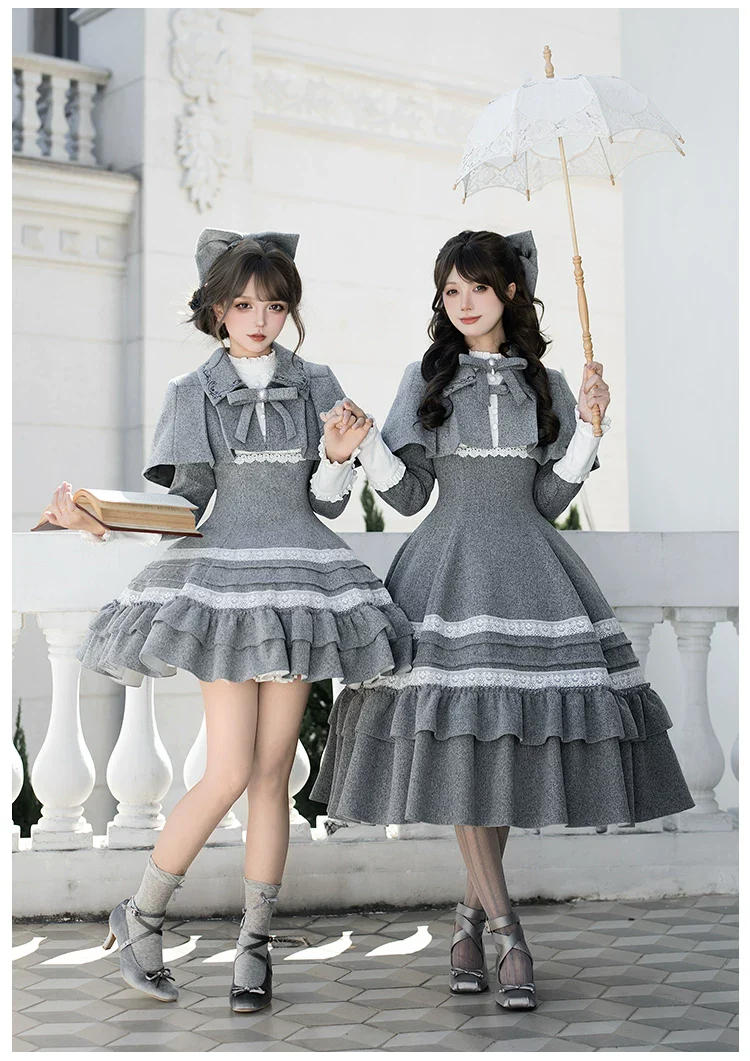 Reminisce - Pile Classic Lolita Dress, Detachable Cape - Image 4