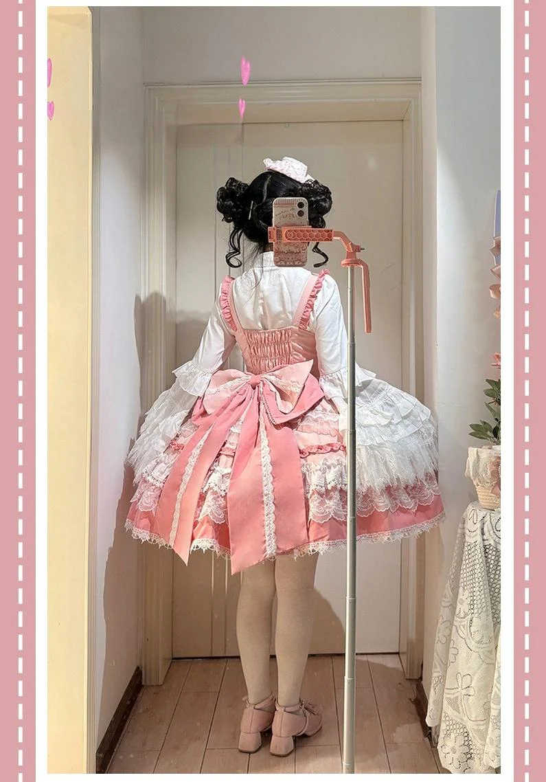 Qianmu - Girl's Secret - Pink Sweet Lolita JSK Dress with Lace and Bow Trailing - Image 11