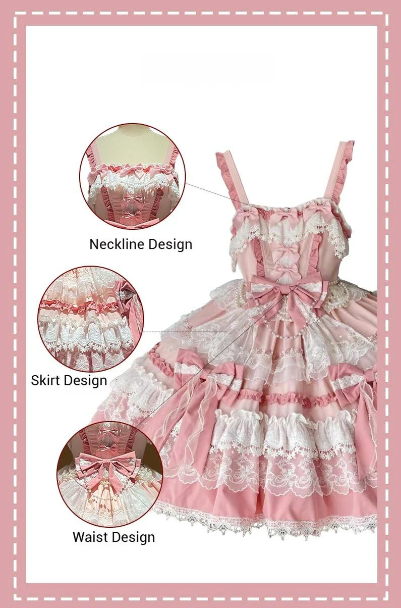 Qianmu - Girl's Secret - Pink Sweet Lolita JSK Dress with Lace and Bow Trailing - Image 14