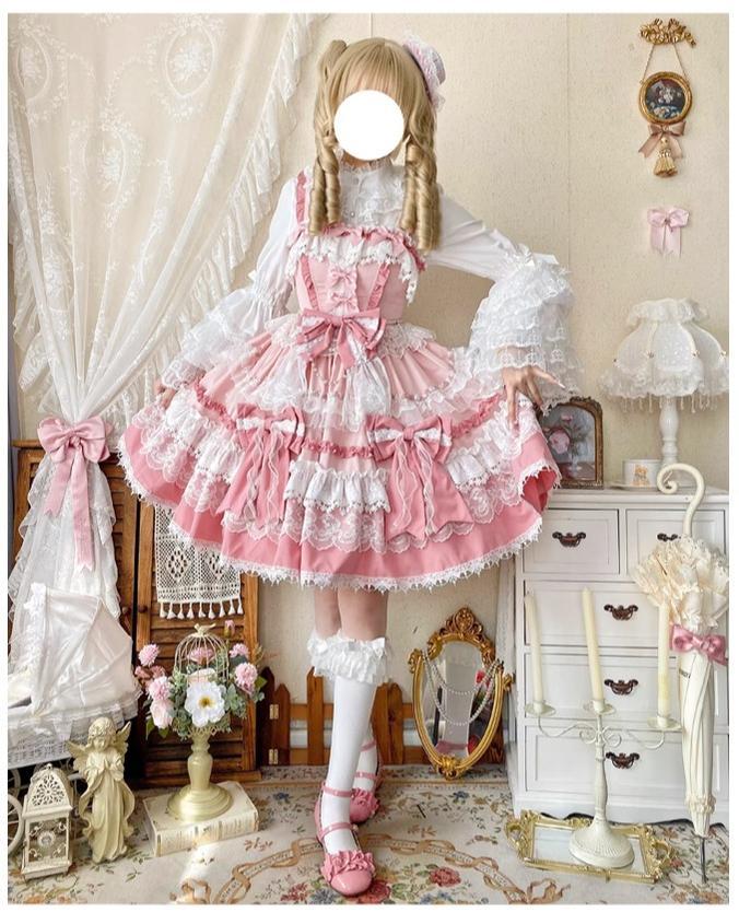 Qianmu - Girl's Secret - Pink Sweet Lolita JSK Dress with Lace and Bow Trailing - Image 2