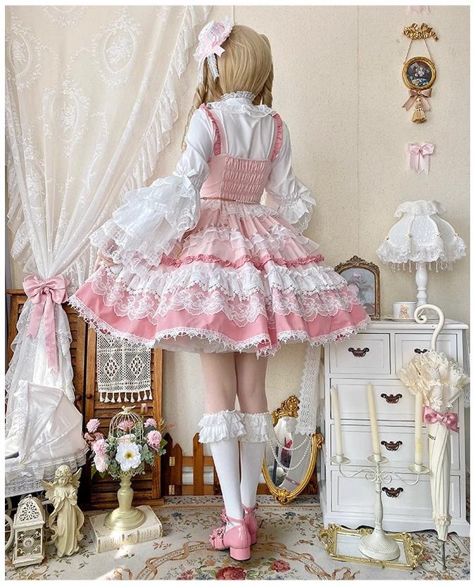 Qianmu - Girl's Secret - Pink Sweet Lolita JSK Dress with Lace and Bow Trailing - Image 3
