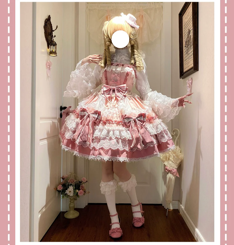 Qianmu - Girl's Secret - Pink Sweet Lolita JSK Dress with Lace and Bow Trailing - Image 7
