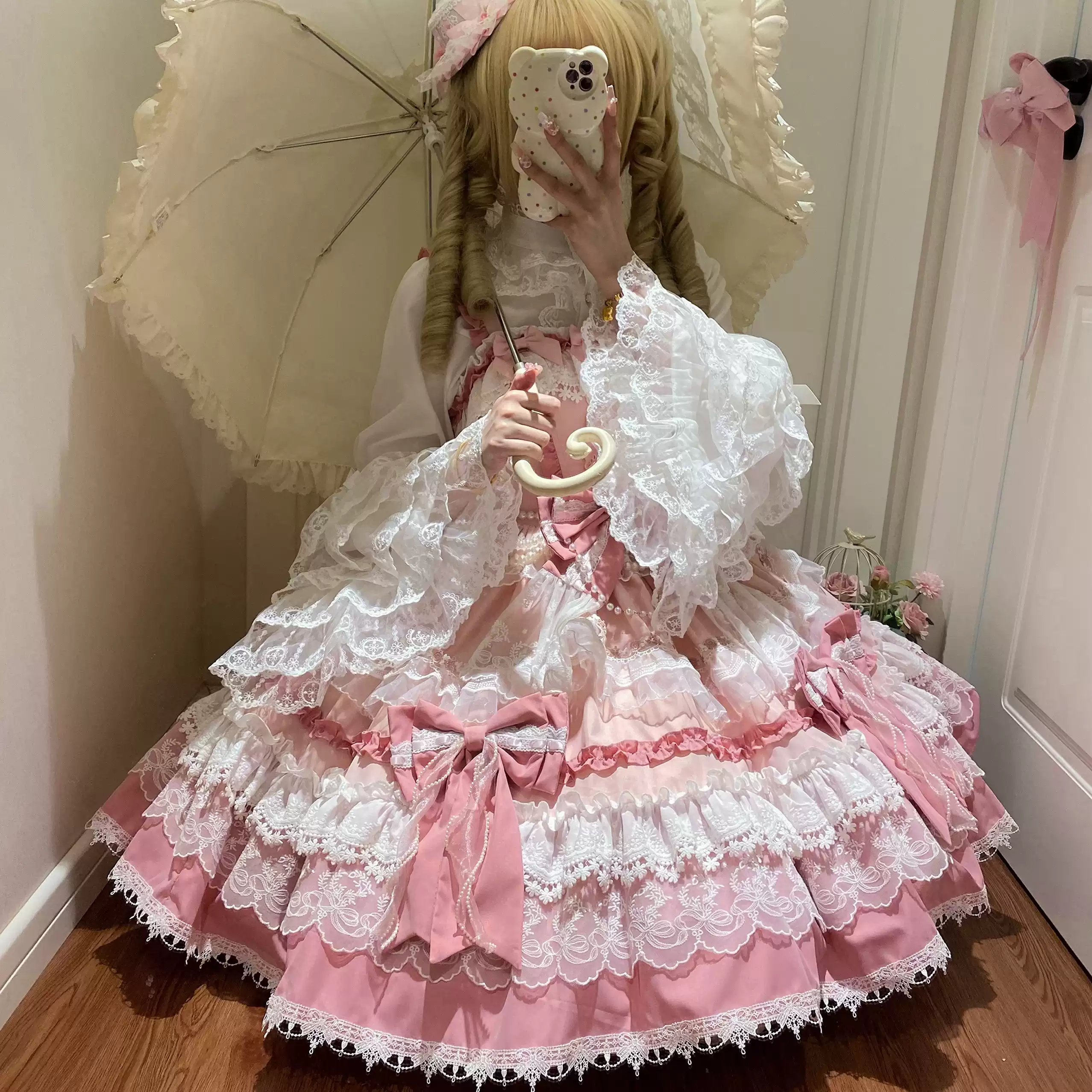 Qianmu - Girl's Secret - Pink Sweet Lolita JSK Dress with Lace and Bow Trailing - Image 8