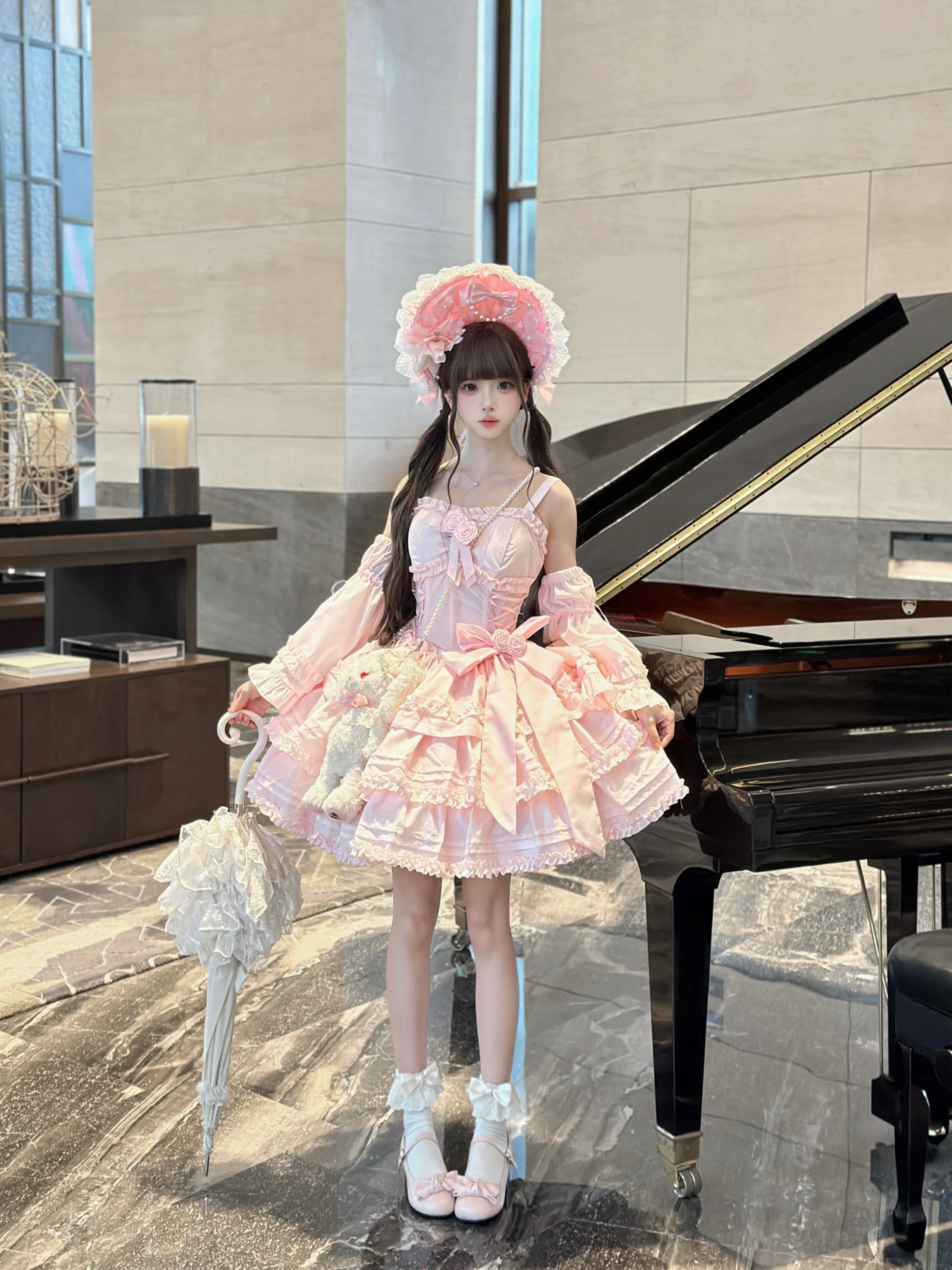 Mengfuzi - Lilith - Pink Sweet Lolita JSK Tiered Ruffle Dress with Bolero - Image 4