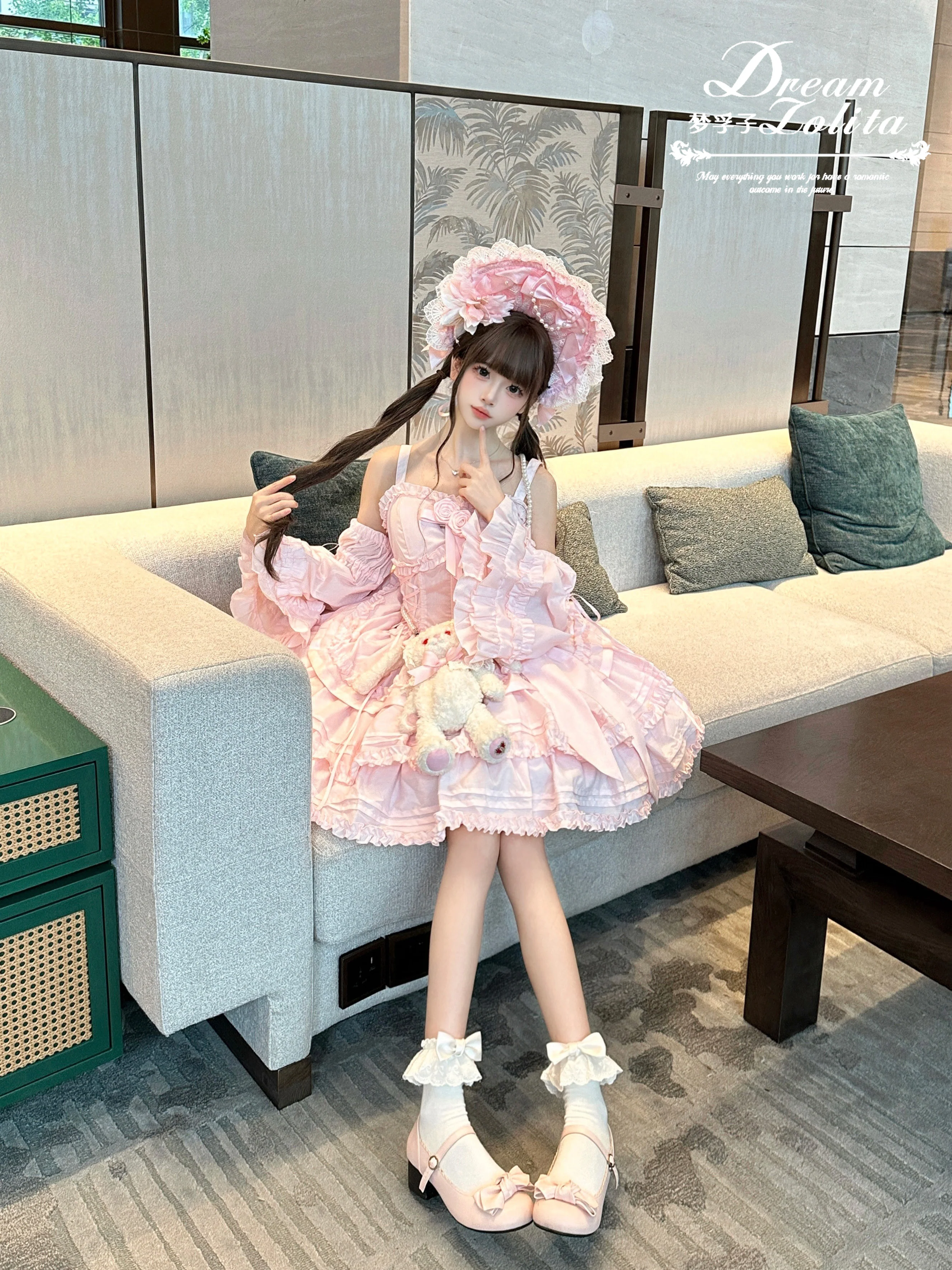 Mengfuzi - Lilith - Pink Sweet Lolita JSK Tiered Ruffle Dress with Bolero - Image 5