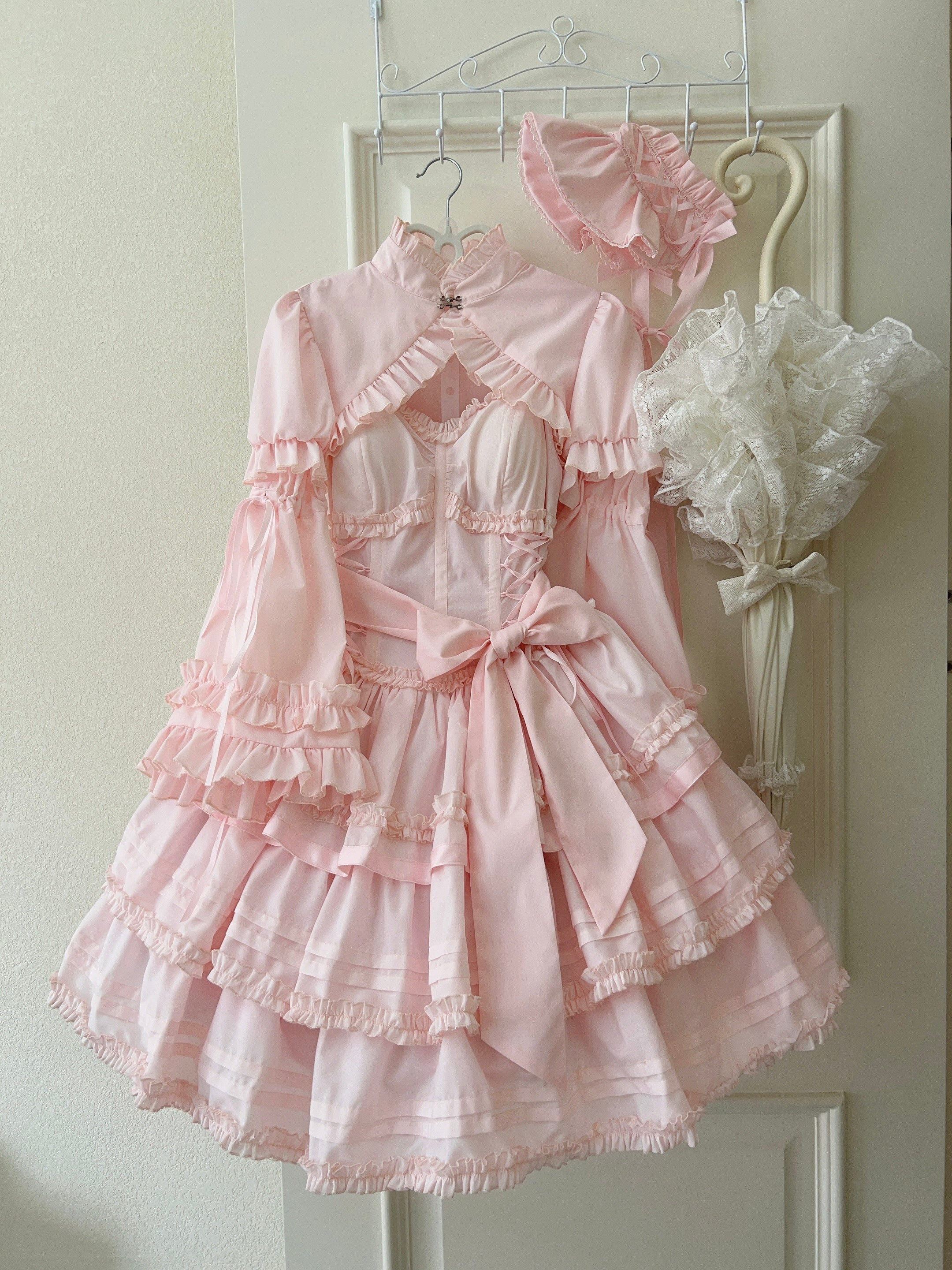 Mengfuzi - Lilith - Pink Sweet Lolita JSK Tiered Ruffle Dress with Bolero - Image 6