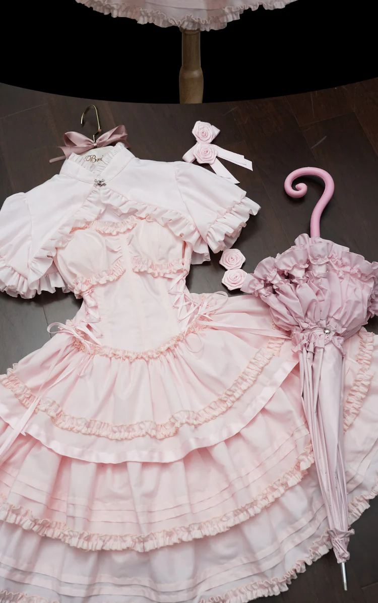 Mengfuzi - Lilith - Pink Sweet Lolita JSK Tiered Ruffle Dress with Bolero - Image 8
