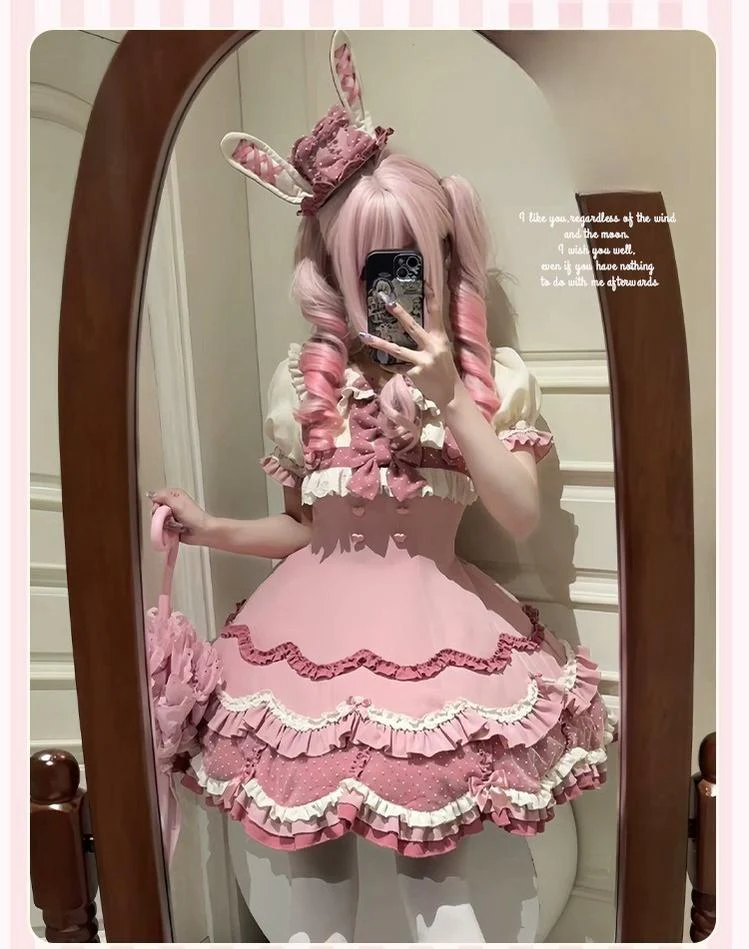 Bunny Breeze - Pink Sweet Lolita OP Dress with Cute Hat and Bunny Ears - Image 13