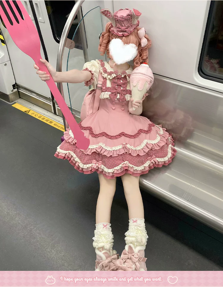 Bunny Breeze - Pink Sweet Lolita OP Dress with Cute Hat and Bunny Ears - Image 33