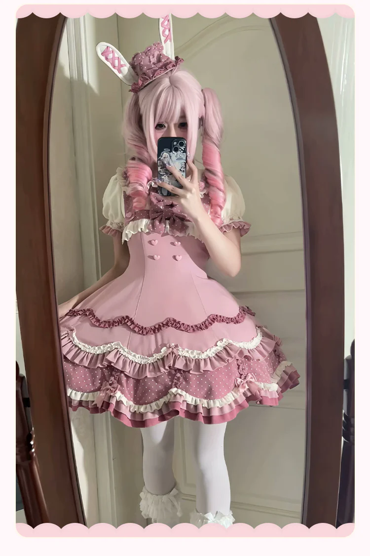 Bunny Breeze - Pink Sweet Lolita OP Dress with Cute Hat and Bunny Ears - Image 36
