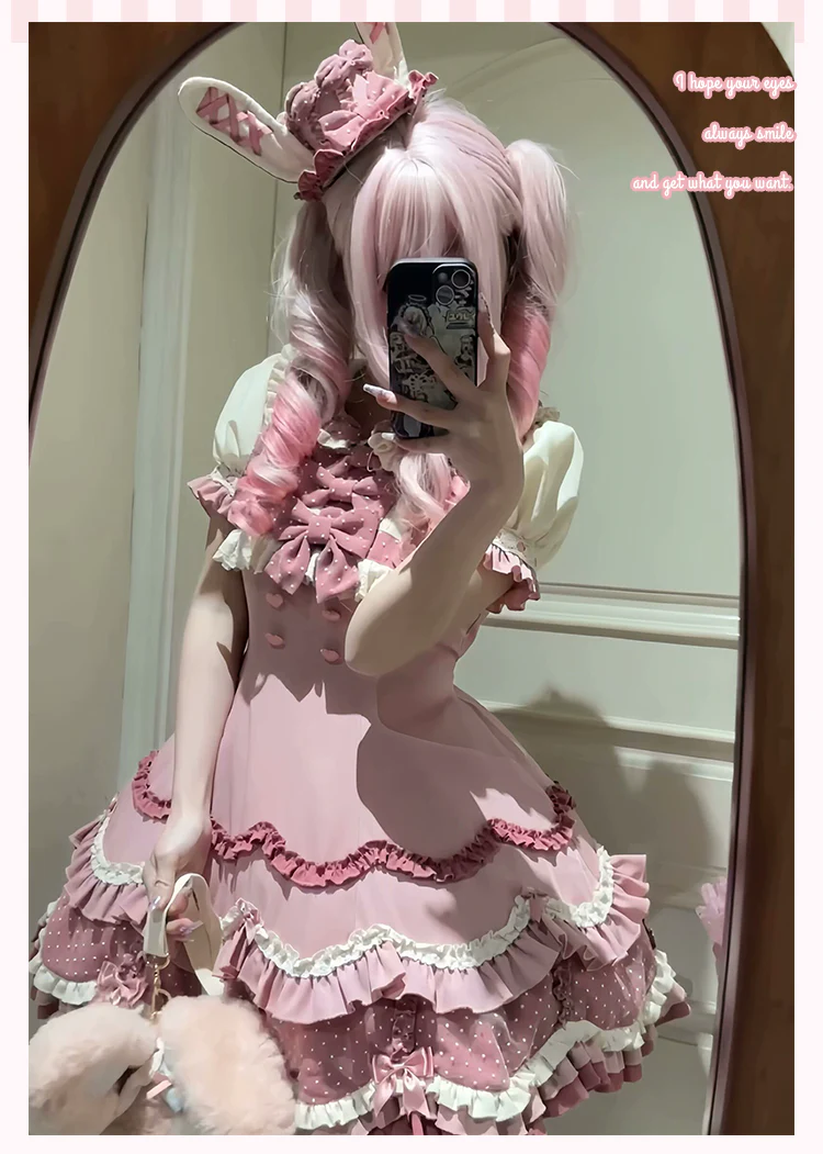 Bunny Breeze - Pink Sweet Lolita OP Dress with Cute Hat and Bunny Ears - Image 37