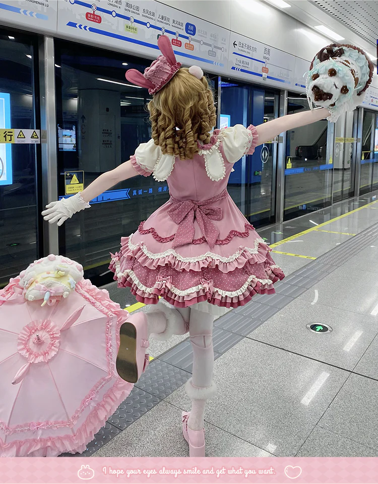Bunny Breeze - Pink Sweet Lolita OP Dress with Cute Hat and Bunny Ears - Image 6