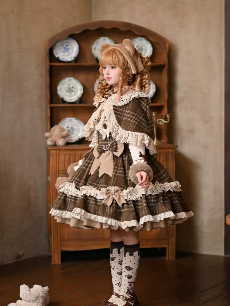 Choco Chestnut - Plaid Kawaii Lolita JSK Dress, Peter Pan Collar Cape - Image 11