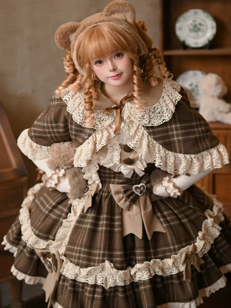 Choco Chestnut - Plaid Kawaii Lolita JSK Dress, Peter Pan Collar Cape - Image 12
