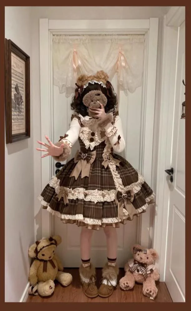 Choco Chestnut - Plaid Kawaii Lolita JSK Dress, Peter Pan Collar Cape - Image 14