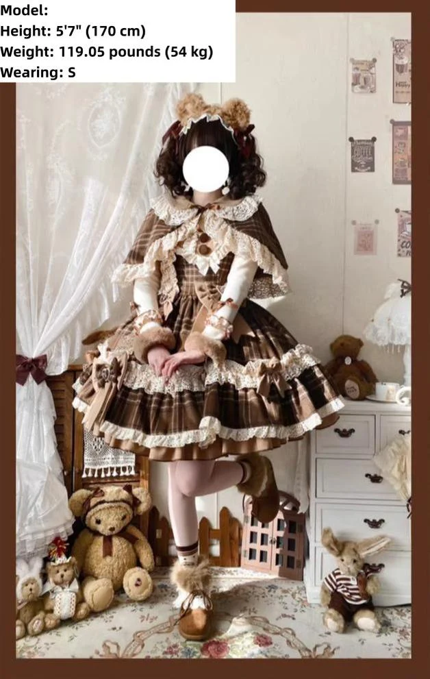 Choco Chestnut - Plaid Kawaii Lolita JSK Dress, Peter Pan Collar Cape - Image 4