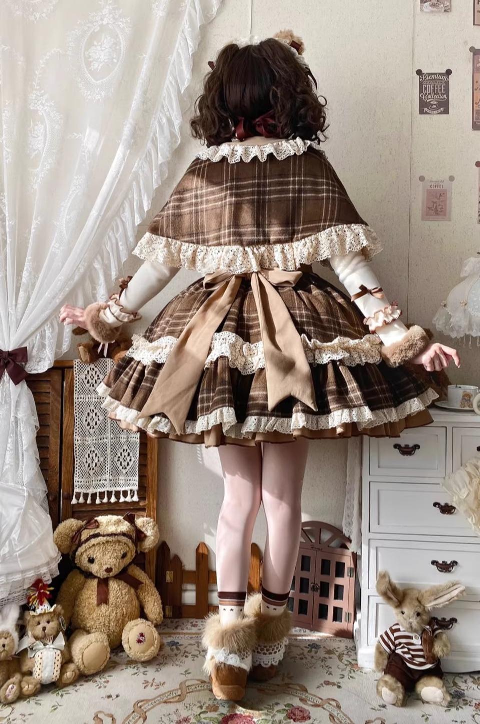 Choco Chestnut - Plaid Kawaii Lolita JSK Dress, Peter Pan Collar Cape - Image 6