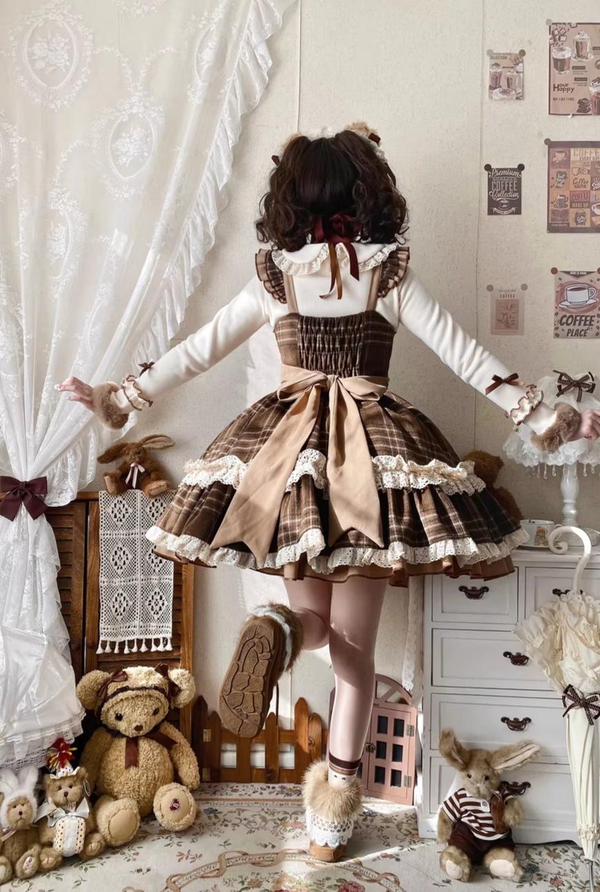Choco Chestnut - Plaid Kawaii Lolita JSK Dress, Peter Pan Collar Cape - Image 7