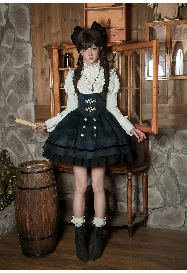 With PUJI - Berlin Souvenir - Plaid Preppy Style Lolita Bust Supporting JSK Outfit - Image 10
