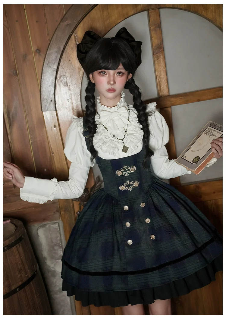 With PUJI - Berlin Souvenir - Plaid Preppy Style Lolita Bust Supporting JSK Outfit - Image 11