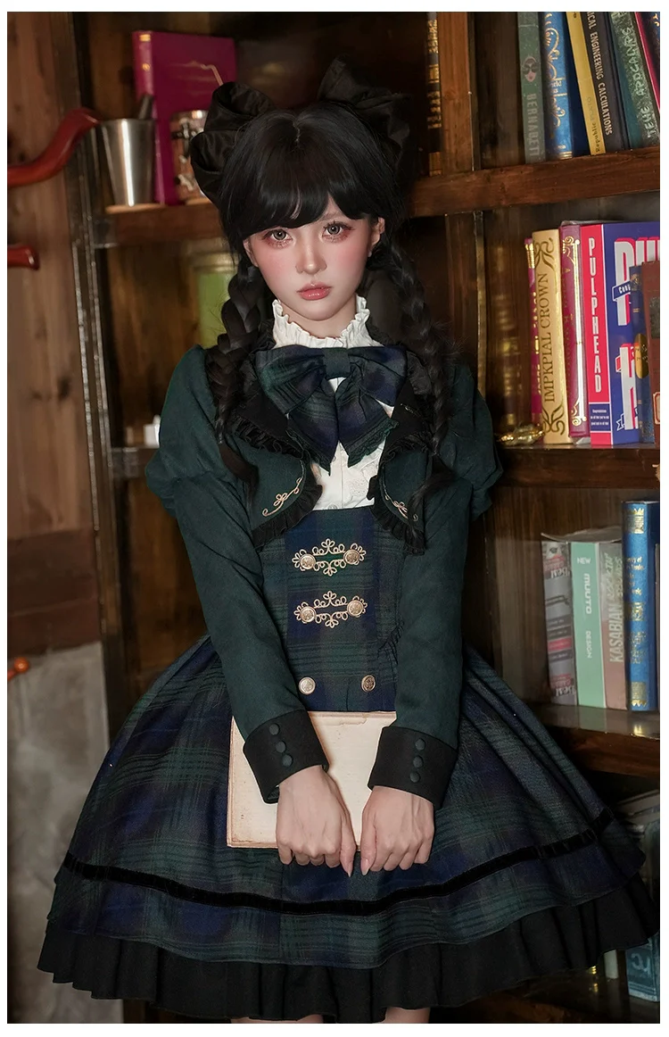 With PUJI - Berlin Souvenir - Plaid Preppy Style Lolita Bust Supporting JSK Outfit - Image 12