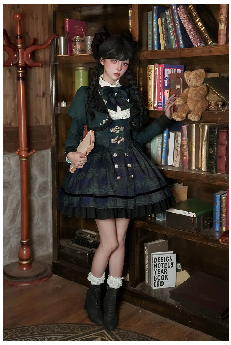 With PUJI - Berlin Souvenir - Plaid Preppy Style Lolita Bust Supporting JSK Outfit - Image 13