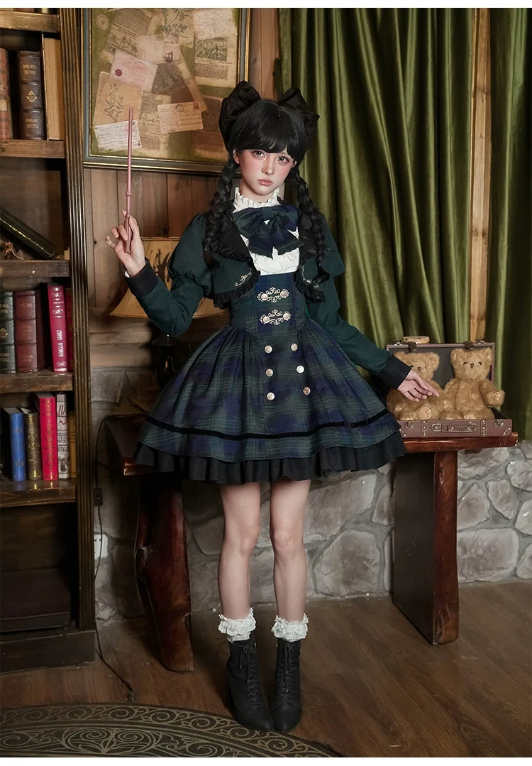 With PUJI - Berlin Souvenir - Plaid Preppy Style Lolita Bust Supporting JSK Outfit - Image 14