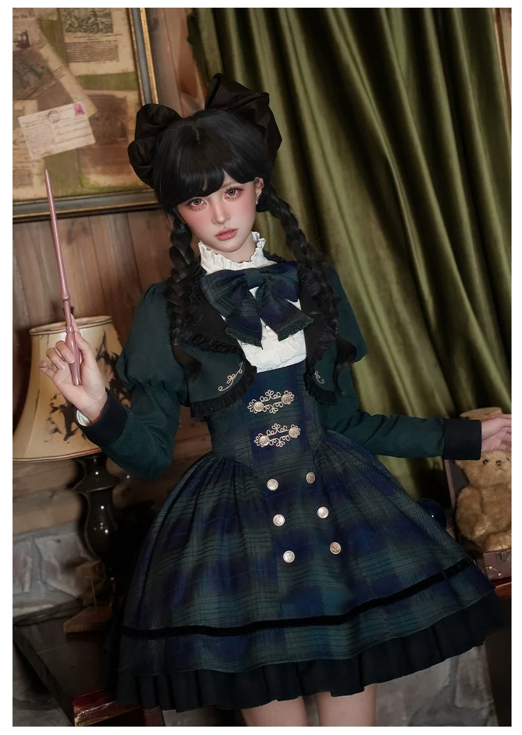 With PUJI - Berlin Souvenir - Plaid Preppy Style Lolita Bust Supporting JSK Outfit - Image 15