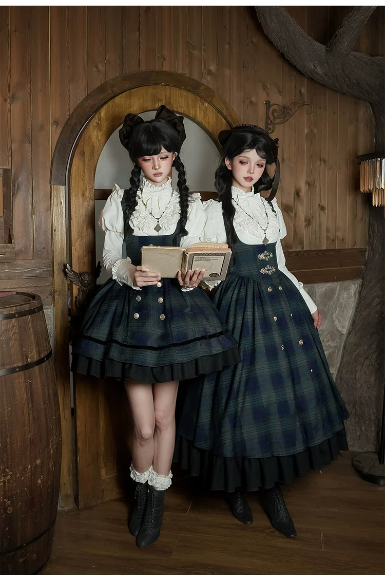 With PUJI - Berlin Souvenir - Plaid Preppy Style Lolita Bust Supporting JSK Outfit - Image 19
