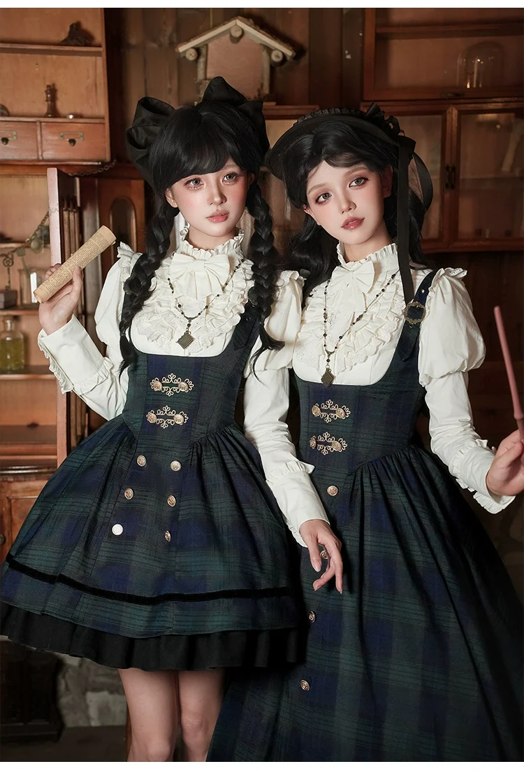 With PUJI - Berlin Souvenir - Plaid Preppy Style Lolita Bust Supporting JSK Outfit - Image 20